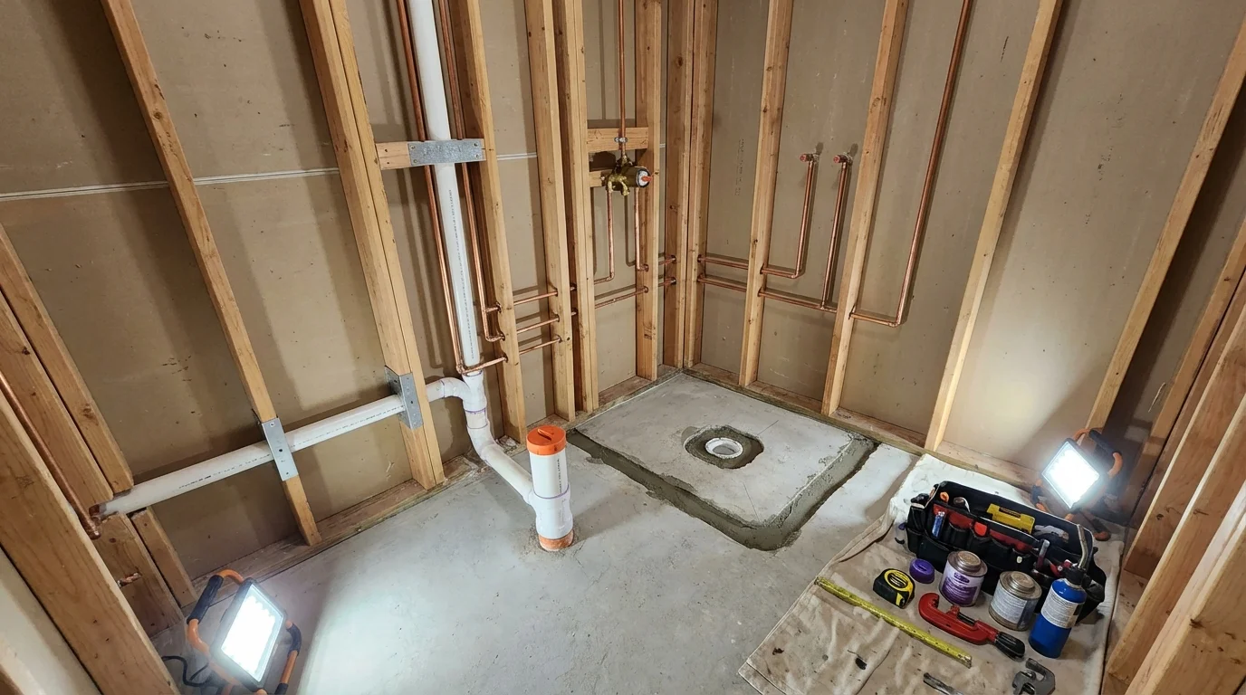 Bathroom rough-in plumbing during remodel by Johns Plumbing LLC in Bethel Island