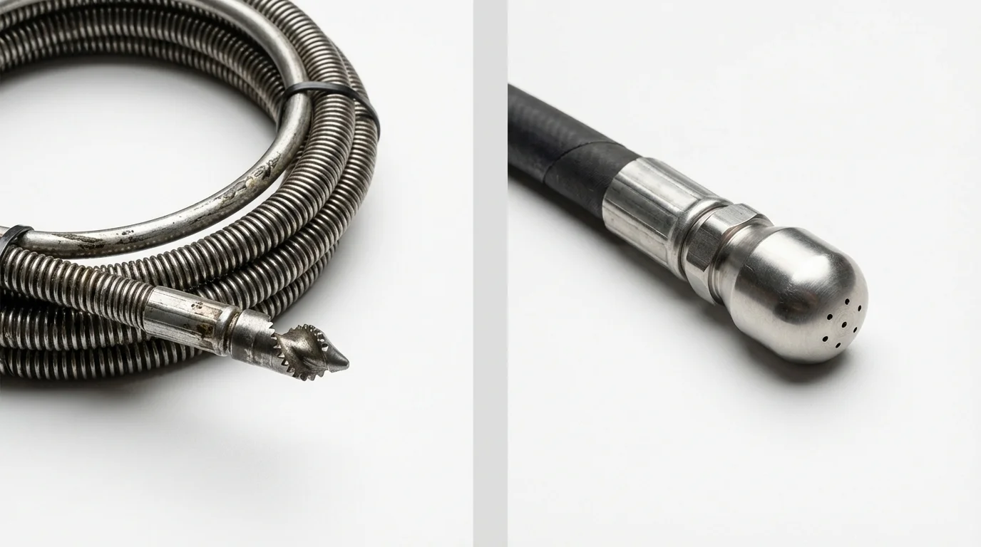 Drain snake cable and hydro jetting nozzle used for drain cleaning in Bethel Island, CA