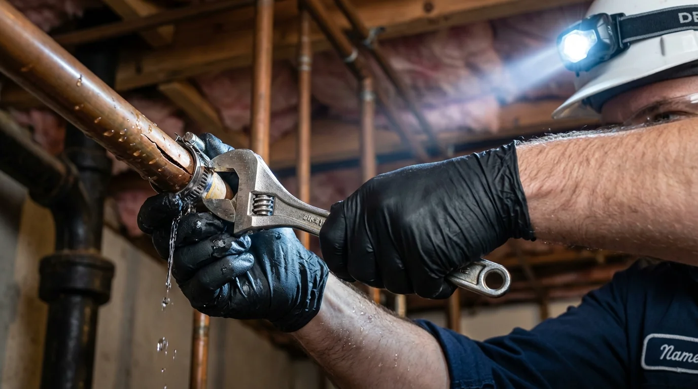 Emergency pipe clamp repair being performed by a Johns Plumbing LLC plumber in Bethel Island