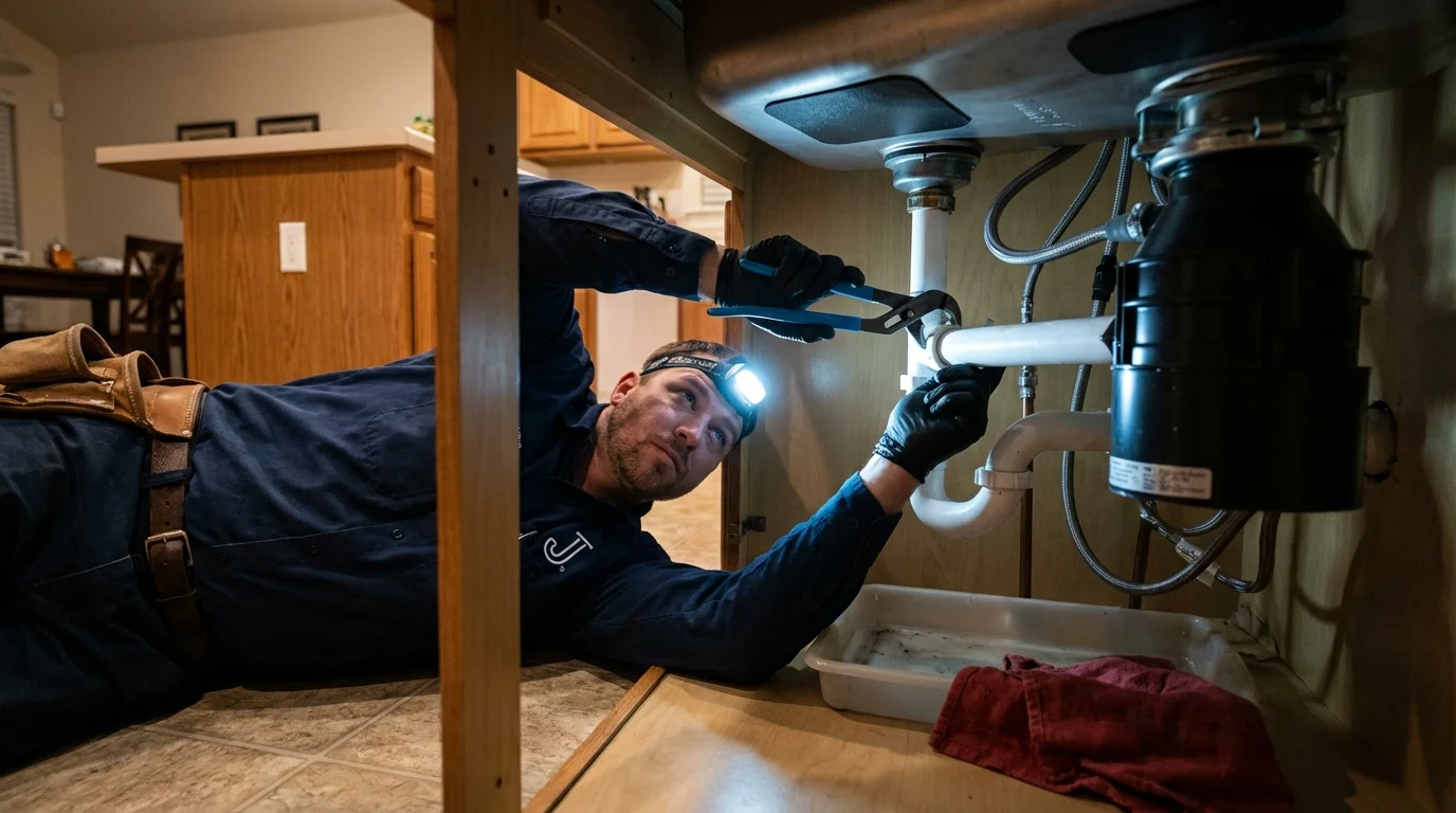 P-trap and supply line connections under a kitchen sink showing a common leak point in Bethel Island, CA